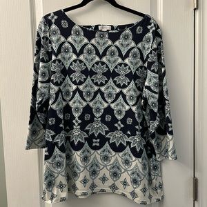 Charter Club 3/4 Sleeve Rayon/nylon silky blue, white pattern tunic blouse XL
